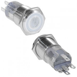 LAS2GQF-11ZET/W/N ON-ON, Кнопка антивандальная металлическая с фиксацией с кольцевой и символьной белой подсветкой, 3А 250В, резьба М16