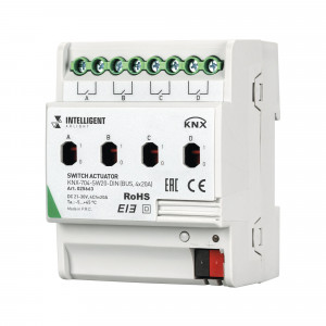 KNX-704-SW20-DIN, Релейный модуль 4-х канальный для KNX систем. Установка на DIN рейку. Возможность ручного управления. Напряжение питания DC 21-30V от шины данных. Максимальный коммутируемый ток - 20А/канал. Для коммутации электирических нагрузок в сетях с номинальным нап