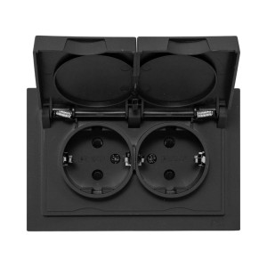 Механизм розетки двойной, 16А, IP44, с заземлением, со шторками, с рамкой, с крышками, ч-рный Эпика EKF UP1-SOB-211-44