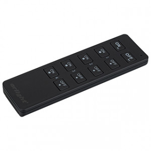 Пульт SMART-R7-DIM (4 зоны, 2.4G) 023028, Кнопочный радиопульт 2.4 ГГц черного цвета для управления одноцветным (DIM) источником света. 4 зоны управления, управление яркостью с помощью кнопок. Питание 3VDC (CR2032). Габариты 135x40x11 мм. Изготовлен из пластика с покрытием Soft Touch. Управляет к