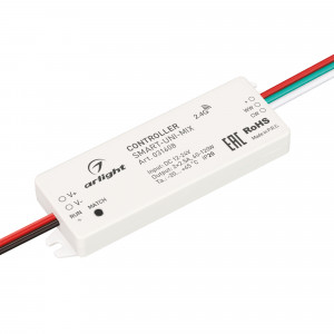 Контроллер SMART-UNI-MIX (12-24V, 2x2.5A, 2.4G) 031608, Контроллер для мультибелой (MIX) светодиодной ленты (ШИМ). Питание/рабочее напряжение 12-24VDC, максимальный ток 2.5A на канал, 2 канала, максимальная мощность 60-120W. Корпус - PVC. Габариты 64x23.5x8.5 мм. Управляется пультами и панелями серии SMART (по
