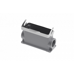 Закрытое основание разъема S24B-SMH-1L.M-2PG21, Основание разъема на панель, закрытое, типоразмер 24B, высокое исполнение, с уплотнителем, 2 отверстия с резьбой для кабельных вводов PG21, с одной защелкой, без защитной крышки, материал корпуса: алюминиевый сплав