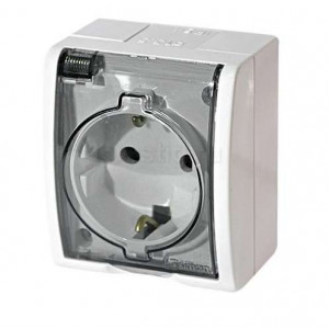 Розетка 1-м ОП Simon15 16А IP54 250В с заземл. с крышкой винт. клеммы бел. 1594445-030, Розетка с заземлением Schuko, с крышкой полупрозрачной, IP54, 16А 250В, винтовой зажим, S15 Aqua, бе