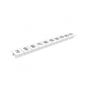 Маркировка (полоска) 306801/61...70V, Маркировочные шильдики, для клемм сечением 4 мм.кв., боковая / верхняя, 10 шильдиков, нанесенные символы: 61...70, с вертикальным расположением, размер шильдика: 6,3 x 10,6 мм, цвет: белый