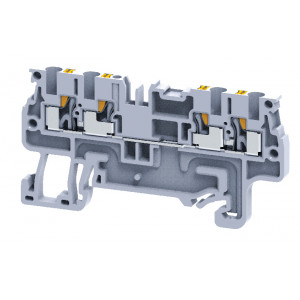 Проходная клемма CP1.5/4, Проходная клемма, 4 точки подключения, тип фиксации провода: Push-in, номинальное сечение: 1,5 мм кв., 15A, 800V, ширина: 3,5 мм, цвет: серый, тип монтажа: DIN35