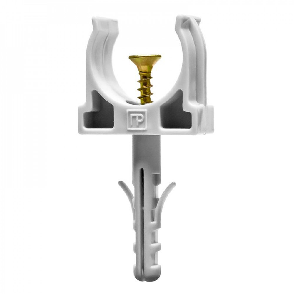 Изображение товара Держатель для труб d20мм с дюбелем и саморезом серый уп.10шт Промрукав PR13.0308