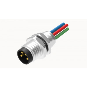 Вилочный разъем SD-M8A-04P-MM-SH7B50, Вилочный разъем в панель, 4 полюса, M8, гайка сзади, с проводом, A-Code, сечение проводовников: 0.25 мм кв., (цвет проводовников: коричневый, белый, синий, черный), 3А, 60V, M8*0.5, металл