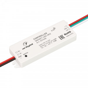 Контроллер SMART-UNI-MIX (12-24V, 2x2.5A, 2.4G) 031608, Контроллер для мультибелой (MIX) светодиодной ленты (ШИМ). Питание/рабочее напряжение 12-24VDC, максимальный ток 2.5A на канал, 2 канала, максимальная мощность 60-120W. Корпус - PVC. Габариты 64x23.5x8.5 мм. Управляется пультами и панелями серии SMART (по