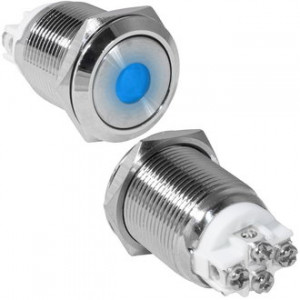 GQ19F-10ZD/B/N OFF-ON, Антивандальная кнопка металлическая с фиксацией с синей подсветкой, посадочная резьба М19, контакты под винт