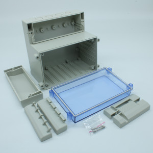 DC003CBU, Двухсекционный корпус IP65 с откидной прозрачной синей крышкой, база ABS светло-серая, крышка из поликарбоната