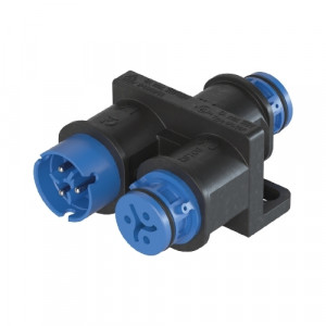 Распределительное устройство RST08i3VL2P1YF V BL, Распределительное устройство (тройник), 1 вход/2 выхода, 3 полюса, параллельное соединение, с продольным уплотнением, с монтажными фланцами, номинальные характеристики: 250/400V, 16A, цвет корпуса: черный, цвет контактной вставки: голубой, серия RST MICRO