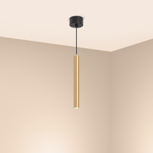 Светильник SP-PIPE-HANG-L300-R30-9W Warm3000 (GD, 24 deg, 230V) 038618, Подвесной светильник. Мощность 9 Вт, св. поток 561 лм, 64 лм/Вт, теплый 3000 K, CRI>90, угол 24°, напряжение питания 230 В. Золотой круглый корпус из алюминия, рассеиватель PC, степень защиты IP20. Размер: диаметр 30 мм, длина 300 мм, размер чаши: диаметр