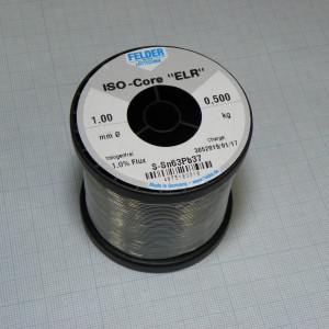 Припой Sn63Pb37 ELR  1.0мм 500гр, Припой трубчатый оловянно-свинцовый ПОС63, флюс 1% ELR безгалогенный органический (ROL0) в катушке