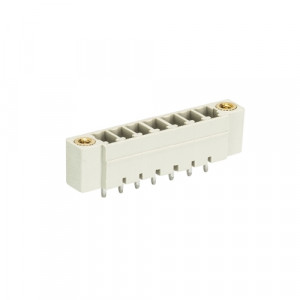 Вилочный разъем на плату 8513 S/7 G F, Вилочный разъем, вертикальный, на плату, шаг: 3.5 мм, 7 полюсов, фиксация на плате пайкой, исполнение: с монтажными фланцами, без маркировки, 250V, 8А, цвет: серый