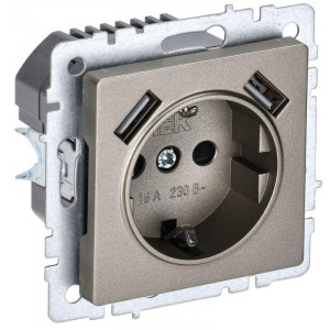 Розетка BRITE РЮш10-1-БрШ 16А с USB A+A 2.1А с заземл. защ. шторки шампань BR-R14-16-U21-D21-K37