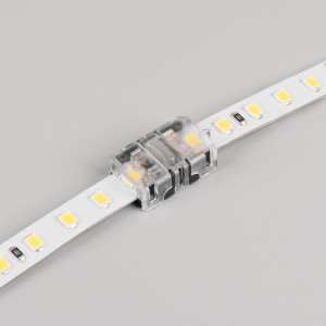 Коннектор HIP-MONO-8mm-2pin-STS-HD 039267, Одиночный коннектор для соединения 2-х отрезков открытых IP20 светодиодных одноцветных лент шириной 8 мм с высокой плотностью светодиодов. Материал - прозрачный пластик. Обеспечивает соединение без видимых разрывов. Максимальный допустимый ток 3 А