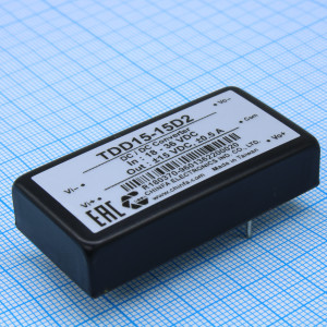 TDD15-15D2, Преобразователь DC/DC 15Вт вход 18...36В выход ±15В/±500мА, изоляция 1500В DC, 2"x1" (50.8х25.4х10.2мм), -25°С…+60°С