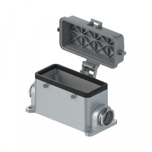 Закрытое основание разъема BAS GUT GF 16 M25 A0, Основание разъема на панель, закрытое, типоразмер 16B, с уплотнителем, 2 кабельных ввода M25x1,5, IP54, без защелок (упоры для двух защелок), с защитной крышкой, материал корпуса: алюминиевый сплав