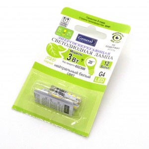 Лампа LED General 3W хол 12V (261), G4,4500K,36*10,110Lm,силикон,360°