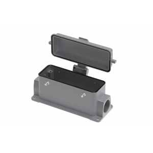 Закрытое основание разъема S24B-SM-4B-2M25-PC, Основание разъема на панель, закрытое, типоразмер 24B, с уплотнителем, 2 отверстия с резьбой для кабельных вводов M25x1,5, без защелок (упоры для двух защелок), с защитной крышкой, материал корпуса: алюминиевый сплав