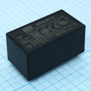 MPM-05-12, AC-DC med, 5Вт, вход 80...264В AC 47...440 Гц, выход 12В/0.42А, изоляция 4000В AC, на плату, 45.7х25.4х21.5мм, -40...+85°C