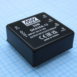 DKA30A-12, Преобразователь DC/DC, 30Вт, вход 9…18В, выход ±12В/±125…1250мА, Trim, EMI filter, КПД=80%, изоляция 1000В DC, 50.8х50.8x21мм, -40…+85°С