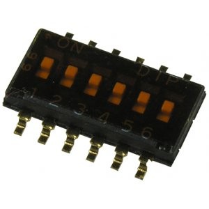 DHN-06-T-V, Движковый переключатель 6 групп SMD монтаж 1.27мм 25мА 24В с плёнкой положение ВКЛ