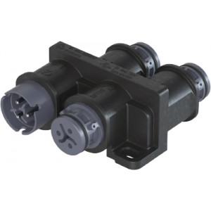 Разветвитель RST08i3VL3P1HF V L SG, Распределительное устройство (тройник), 1 вход/3 выхода, IP68(69k), 3 полюса, параллельное соединение, с продольным уплотнением, с монтажными фланцами, цвет: темно-серый, номинальные характеристики: 250V/400V 16A, серия gesis RST MICRO