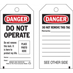 gws65501, Бирки предупреждающие с местом для фотографии и ламинацией "DANGER DO NOT OPERATE", полиэстер, 146х76 мм, 10 шт/упак