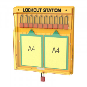 gwrB206, Станция блокировочная пластиковая закрытая, 10 держателей для замков и 2 кармана А4, поликарбонат, 580х605х95 мм, цвет – желтый, 1 шт/упак