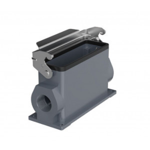 Закрытое основание разъема H24B-SMH-1L-M25, Основание разъема на панель, закрытое, типоразмер 24B, высокое исполнение, с уплотнителем, 1 отверстие с резьбой для кабельных вводов M25x1,5, с одной металлической защелкой, без защитной крышки, материал корпуса: алюминиевый сплав