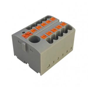 Распределительный блок JUT15-6-18x2.5-GY, Распределительная клемма, 18 точек подключения, тип фиксации провода: Push-in, номинальное сечение: 2,5 мм кв., 690V, 41A, цвет: серый, тип монтажа: DIN35