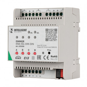INTELLIGENT ARLIGHT Диммер KNX-104-DIM-DIN (12-24V, 4x4A) 025658, Универсальный диммер стандарта KNX для установки на DIN-рейку. Питание DC 12-24V, ток нагрузки 4А на канал, 4 канала управления. Возможность ручного управления. Подходит для работы с 5V лентами/лампами. Мощность 192-384W.