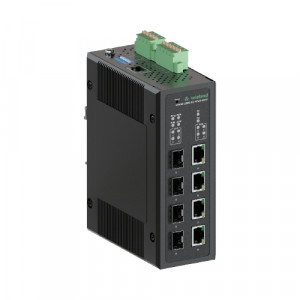 Коммутатор WIENET L2MS 8G-4PoE-4SF, Коммутатор серии WieNet, управляемый, 8 портов RJ45 скорость передачи 10/100 MBit/s, 4 SFP порта, 4 порта PoE, номинальное напряжение: 9-57 VDC, монтаж: на DIN рейку, материал корпуса: алюминий