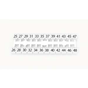 Маркировка (в кассетах) ZK5-24P-19-06Z(H), Кассета с маркировочными шильдиками, для клемм сечением 2,5 мм.кв., боковая, 24 шильдика, нанесенные символы: 1 ряд :25.27.29…47; 2 ряд :26.28.30…48, с вертикальным расположением, размер шильдика: 4,6 х 5 мм, цвет: белый