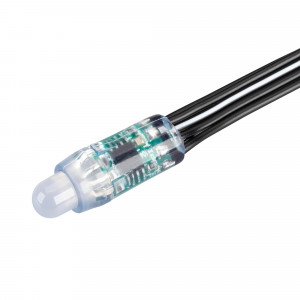 Герметичный управляемый модуль DMX-UVR-D12 5V RGB (0.3W, IP67, 90deg) 039171, Управляемый светодиодный модуль DMX, цвет свечения RGB, микросхема UCS512, напряжение 5 В, мощность 0.3 Вт, 1 светодиод DIP 8 мм, угол 90°. 50 шт на проводе, расстояние между модулями 100 мм. Уровень герметизации IP67. Размер O12х32 мм.