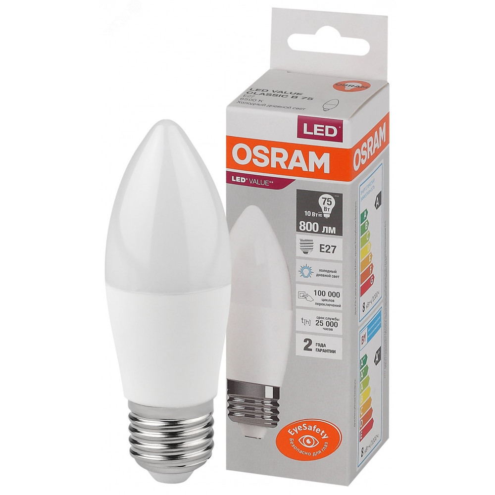 Изображение товара Светодиодная лампа OSRAM LED Value LVCLB75 10Вт свеча E27 6500K Белый холодный