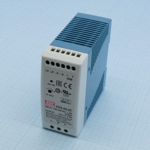 DRA-60-24, Преобразователь AC-DC на DIN-рейку  60Вт, выход 24В/2.5A, рег. вых 24…30В, димминг 3 в 1, вход 90…264V AC, 47…63Гц /127…370В DC, изоляция 3000В AC,  40х90х100мм, -30…+70°С
