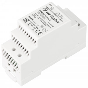 Блок питания ARV-DR30-24 (24V, 1.25A, 30W) 031085, Источник напряжения с гальванической развязкой для светодиодных изделий. Входное напряжение 100-240 VAC. Выходные параметры: 24 В, 1.25 А, 30 Вт. Негерметичный пластиковый корпус IP 20 для установки на DIN-рейку. Габаритные размеры длина 35 мм, ширина 90