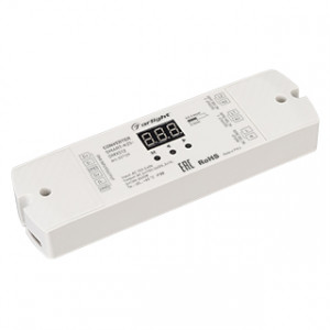 Конвертер SMART-K25-DMX512 (230V, 2x1A, TRIAC) 027129, Конвертер сигнала DMX512 в TRIAC. Вход - DMX512, выход TRIAC(230V), напряжение питания AC 230V. 2 канала управления, ток нагрузки 2х1А. На корпусе цифровой дисплей. Габариты 170x50x23 мм.