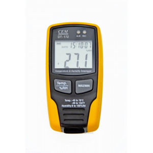 DT-172 Регистратор температуры и влажности, диапазон температуры -20..70°С ±2°С и влажности 0..100% ±3,5%, определение точки росы (после загрузки данных), память на 32000 показаний, настройка сигналов тревоги, интервал измерения, 1 сек до 24 часов, USB, ПО