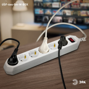 Сетевой фильтр USF-6es-5m-W с базовой защитой с заземлением с выключателем 6 розеток 5м 10А белый Б0037264