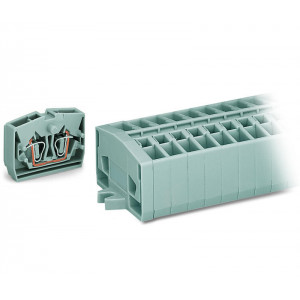 Клеммный блок 254112, Клеммный блок, верхний подвод кабеля, 12 клемм по 2 точки подключения, тип фиксации провода: пружинный, номинальное сечение: 2,5 мм кв., 24A, 800V, цвет: серый, тип монтажа: монтажные фланцы