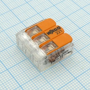 Зажим WAGO 221-413, 3х(0,14-4мм2) 32А,450В, не горюч. с защёлкой. Для быстрого соединения Cu+Cu проводов