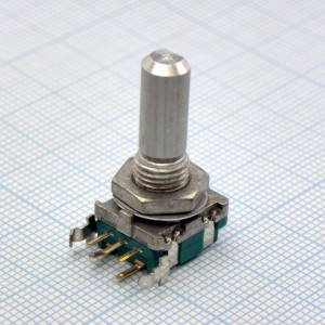 EC11B152420Q (STEC11B05), Энкодер EC11, 30 щелчков, 15 импульсов, металлический вал с лыской 20мм, с кнопкой, крепление на гайку 7мм, вертикальные выводы = EC11B15242AE