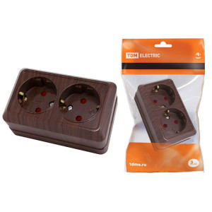 Розетка двойная 2П+З открытой установки с з/ш IP20 16А, бук "Ладога" SQ1801-0040