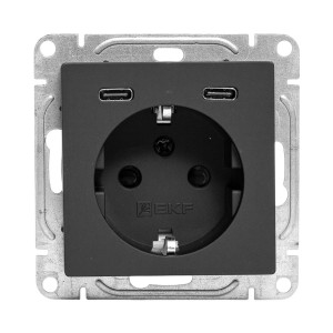 Механизм розетки с USB-C - 2шт, 16А, с заземлением, со шторками, ч-рный Эпика EKF UP1-SOB-111-2USBC