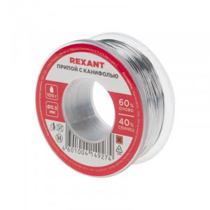Припой с канифолью ПОС-60 100гр  0.5мм, Припой трубчатый с канифолью REXANT, 100 г, d0.5 мм, (олово 60%, свинец 40%), катушка, блистер