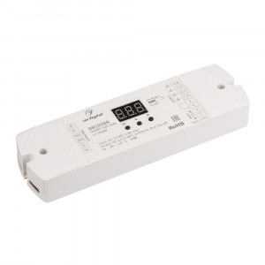 Декодер SMART-K20-DMX (12-48V, 4x700mA) 023828, Декодер тока DMX512 для трансляции DMX512 сигнала ШИМ(PWM) устройствам, таким как светильники и мощные светодиоды. Питание 12-48VDC. 4 канала, ток нагрузки 4x700mA, мощность нагрузки 33.6-134.4W. Входной сигнал DMX512, выходной сигнал ШИМ(PWM). Цифровой д