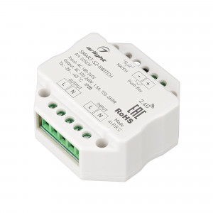 Контроллер-выключатель SMART-S2-SWITCH (230V, 1.5A, 2.4G) 025039, Выключатель с RF управлением. Управляется пультами и панелями серии SMART. Питание 100-240VAC, макс.ток 1.5А. Габариты: 52x52x26 мм.